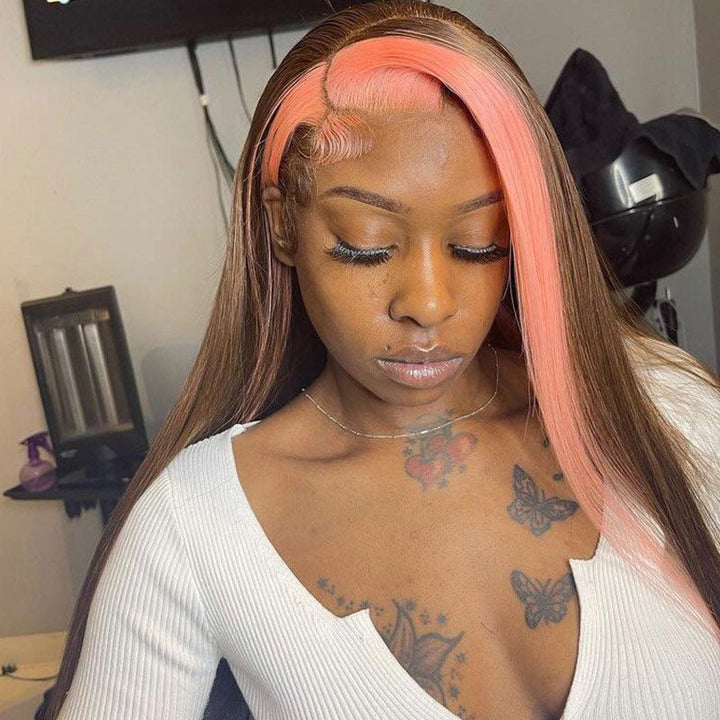 Skunk Stripe 13x4 Lace Front Wig #4 Chocolate Color With Pink Streaks Straight Hair HD Lace Wig 100% Human Hair With Free Part Lace Frontal- Daisy Hair