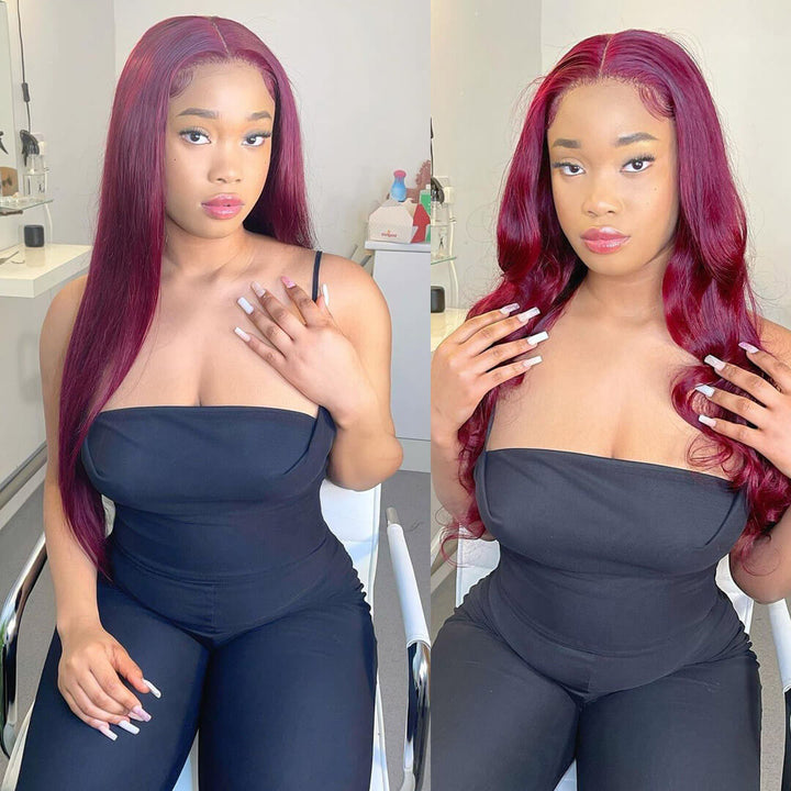 Long Straight Hair 99j Burgundy T Part Lace Front Wig Glueless Pre Plucked With Baby Hair 100% Virgin Human Hair Wig- Daisy Hair