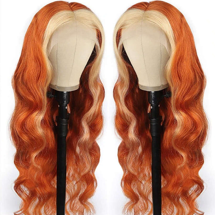 Skunk Stripe Body Wave 13x4/4x4 HD Transparent Lace Wig Ginger Orange Color With #613 Blonde Highlight Wig Colored Human Hair Wigs- Daisy Hair
