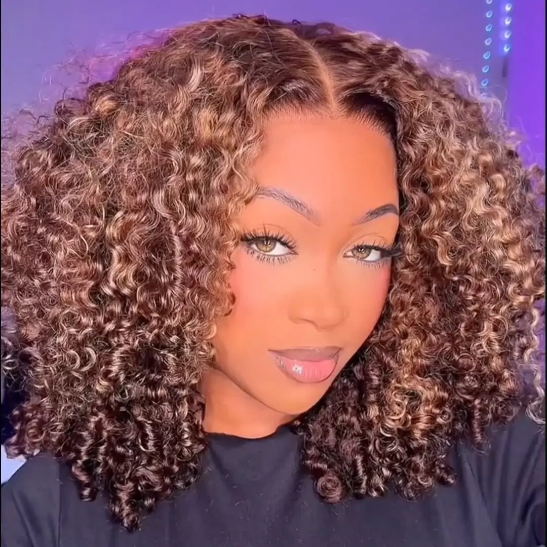 Wear And Go Glueless Wigs Highlight Brown Kinky Curly Bob Wigs Short Curly Human Hair 13x4 Lace Front Wig Pre Plucked 250% Density No Code Needed Daisy Hair