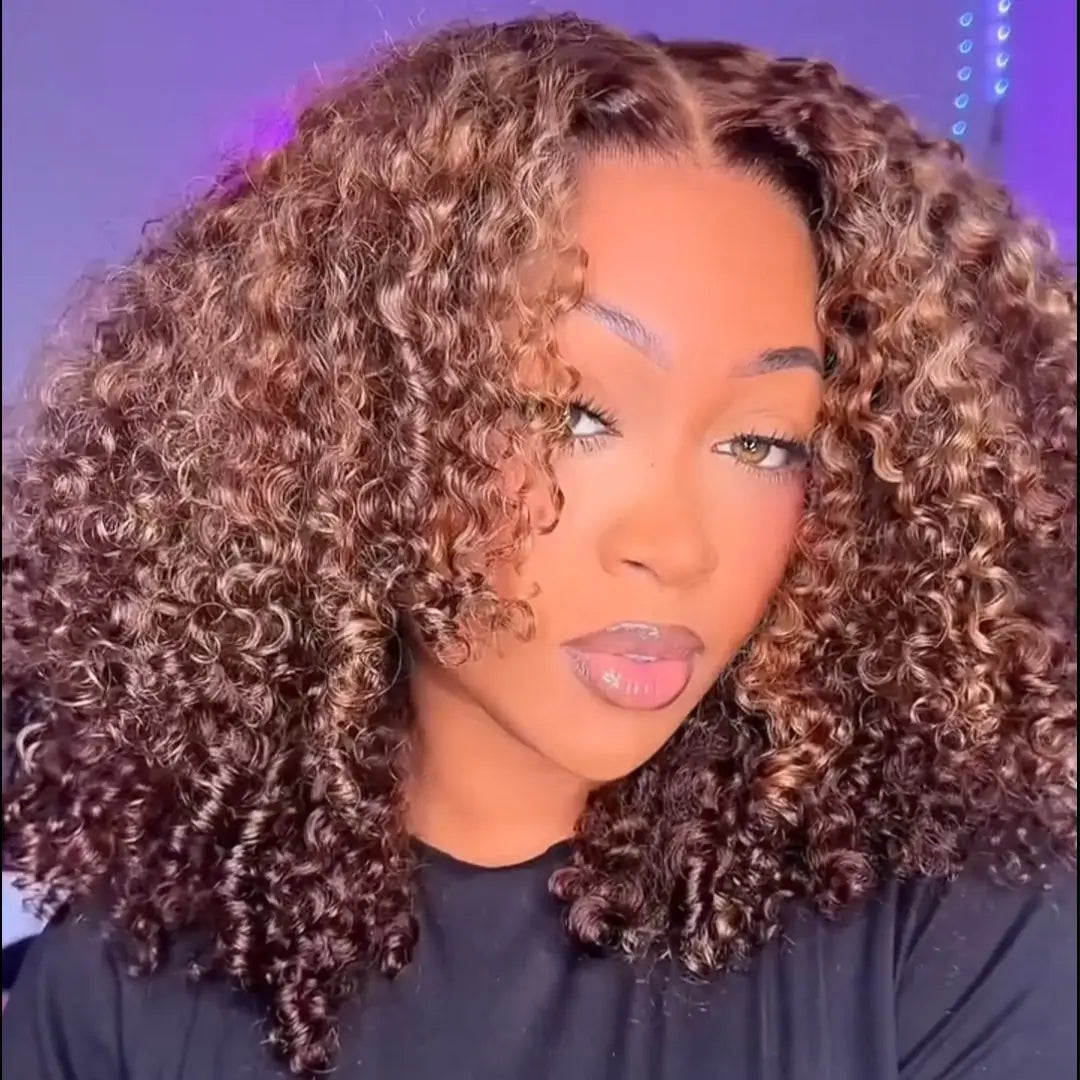 Wear And Go Glueless Wigs Highlight Brown Kinky Curly Bob Wigs Short Curly Human Hair 13x4 Lace Front Wig Pre Plucked 250% Density No Code Needed Daisy Hair