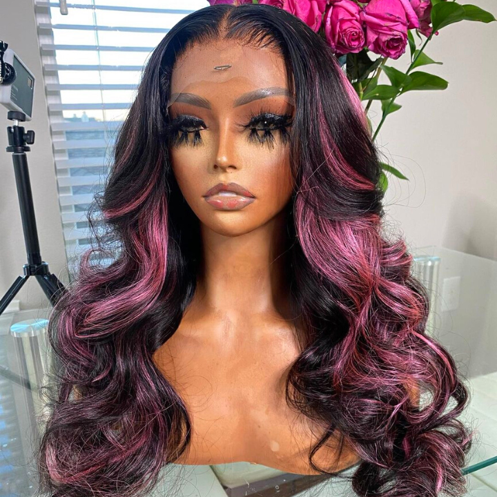 Highlight Purple Straight HD Transparent Lace Front Wig Highlights Pre Plucked Hairline Human Hair Wigs Daisy Hair