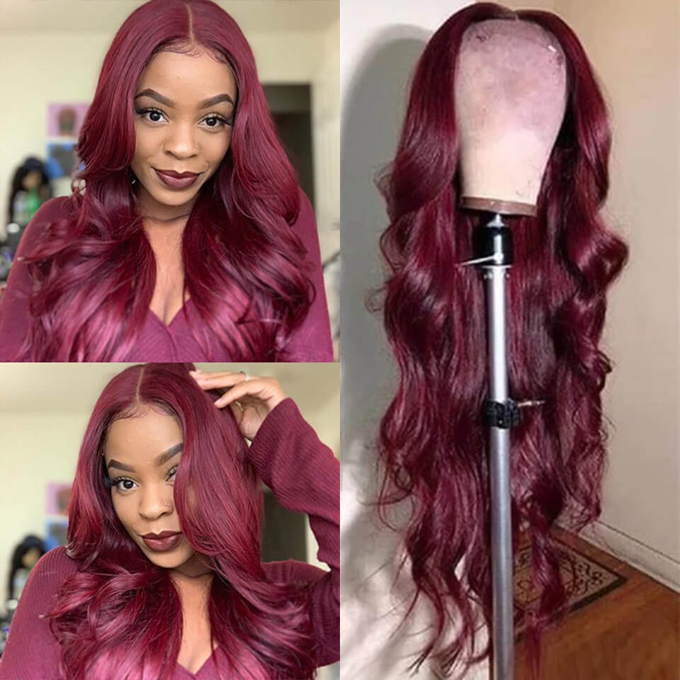 Body Wave Hair 99j Burgundy T Part Lace Front Wig 100% Virgin Real Human Hair Wig- Daisy Hair