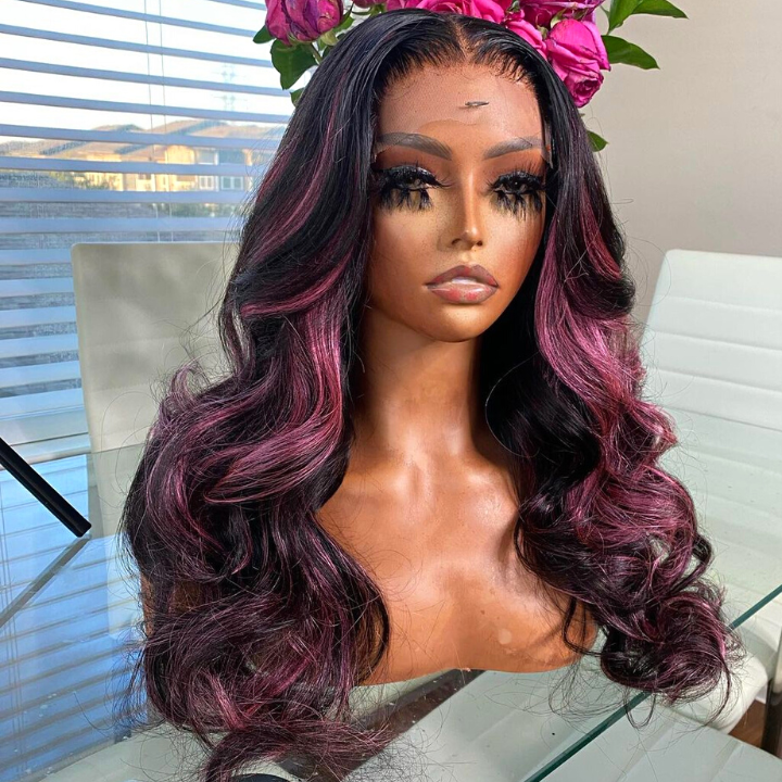 Highlight Purple Straight HD Transparent Lace Front Wig Highlights Pre Plucked Hairline Human Hair Wigs Daisy Hair