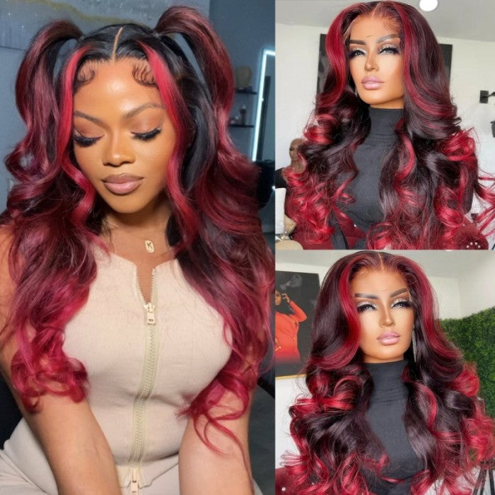 Geeta Hair Body Wave 13x4 HD Lace Highlight Wig Ombre Dark Burgundy Human Hair Frontal Wigs With Rose Red Highlights Pre Plucked Hairline Daisy Hair