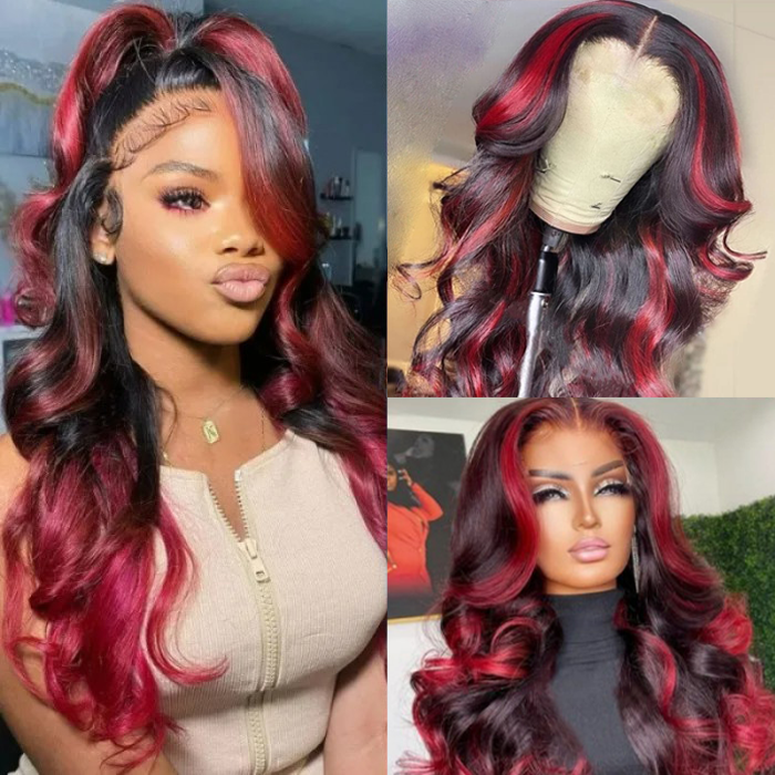 Geeta Hair Body Wave 13x4 HD Lace Highlight Wig Ombre Dark Burgundy Human Hair Frontal Wigs With Rose Red Highlights Pre Plucked Hairline Daisy Hair