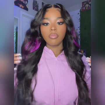 Skunk Stripe Hair Body Wave Lace Front Wig With Dark Purple Highlight HD Transparent Lace Human Hair Wigs Daisy Hair