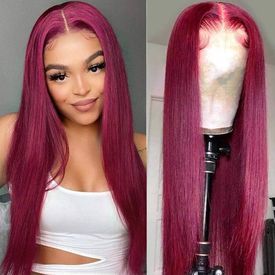 Long Straight Hair 99j Burgundy T Part Lace Front Wig Glueless Pre Plucked With Baby Hair 100% Virgin Human Hair Wig- Daisy Hair