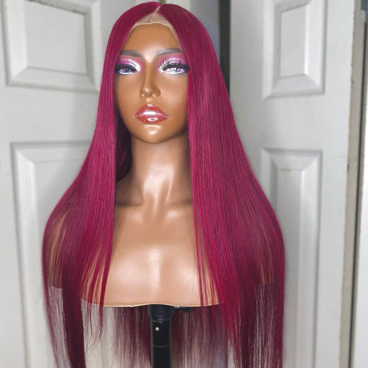 Long Straight Hair 99j Burgundy T Part Lace Front Wig Glueless Pre Plucked With Baby Hair 100% Virgin Human Hair Wig- Daisy Hair
