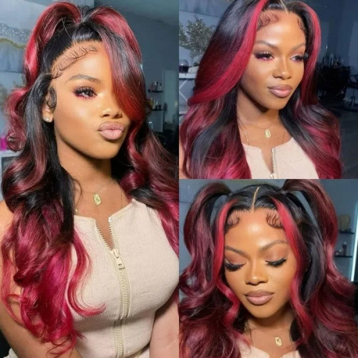 Geeta Hair Body Wave 13x4 HD Lace Highlight Wig Ombre Dark Burgundy Human Hair Frontal Wigs With Rose Red Highlights Pre Plucked Hairline Daisy Hair