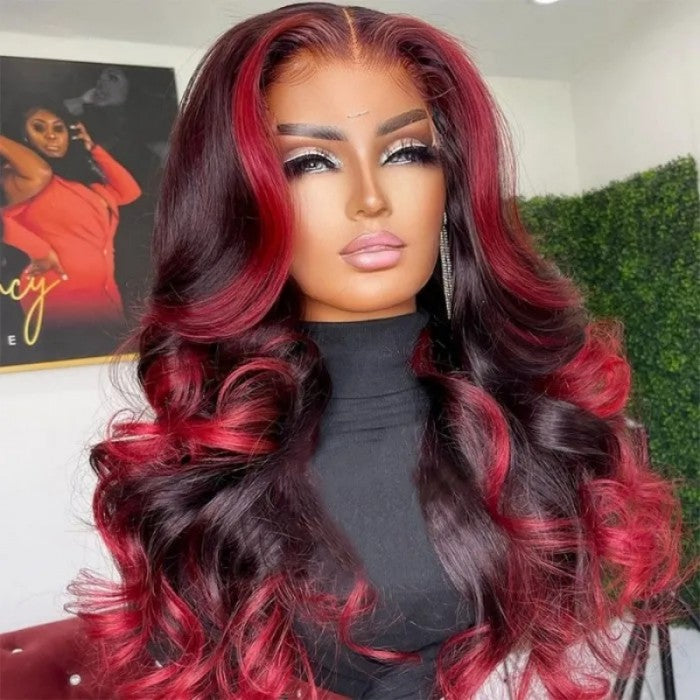 Geeta Hair Body Wave 13x4 HD Lace Highlight Wig Ombre Dark Burgundy Human Hair Frontal Wigs With Rose Red Highlights Pre Plucked Hairline Daisy Hair