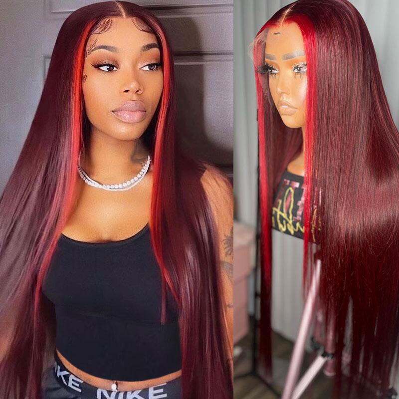 Highlight Ombre Straight Hair 99j Human Hair Wig HD Lace Font Wig Pre Plucked Natural Hairline-Daisy Hair