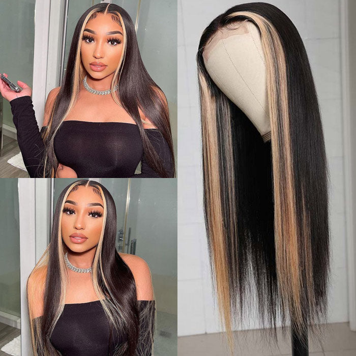 Highlight Ombre TL/27 Skunk Stripe Bone Straight Hair Wig 13x4 HD Lace Front Human Hair Wigs Pre Plucked Glueless Wig- Daisy Hair