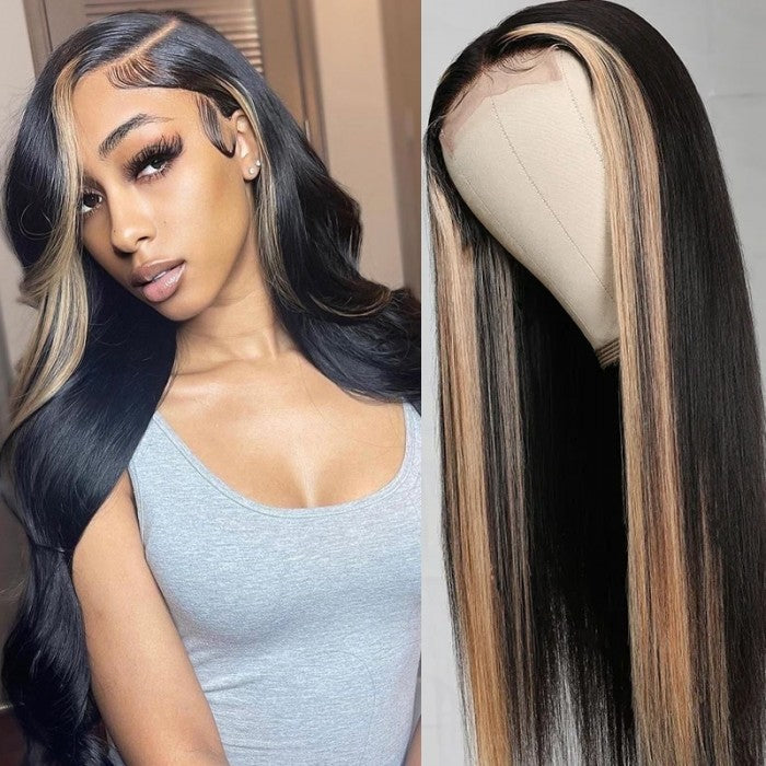 Highlight Ombre TL/27 Skunk Stripe Bone Straight Hair Wig 13x4 HD Lace Front Human Hair Wigs Pre Plucked Glueless Wig- Daisy Hair