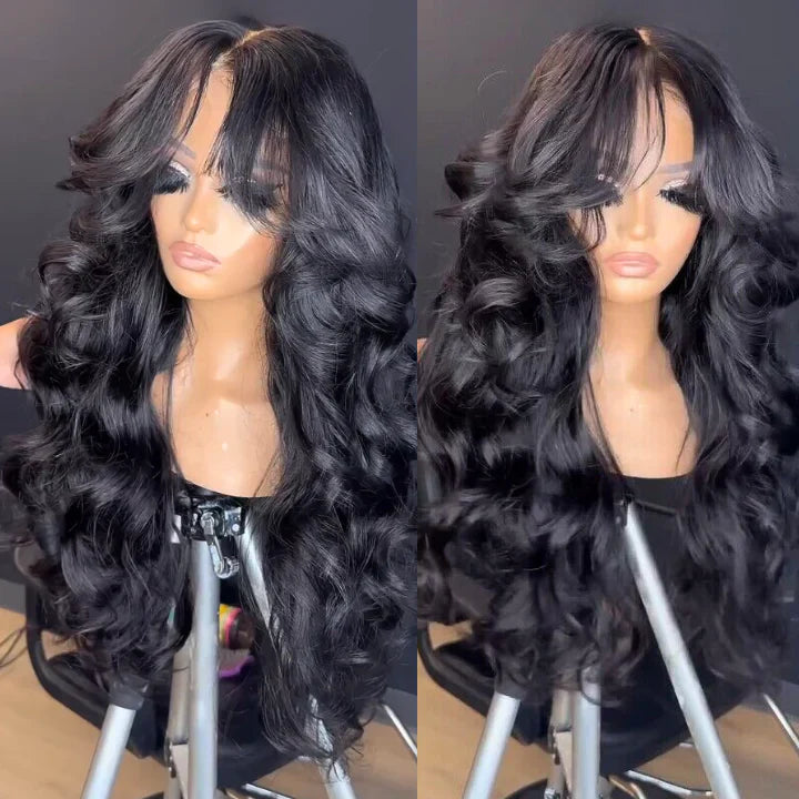 Loose Body Wave Human Hair Wigs 13x4 Ocean Wave Lace Front Wigs with Curtain Bangs Pre Plucked 180% Density-Daisy Hair