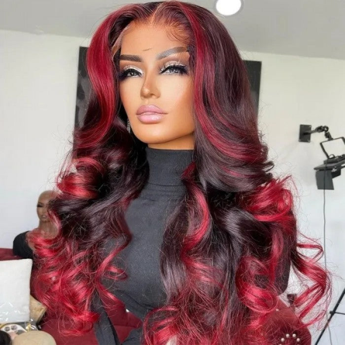 Geeta Hair Body Wave 13x4 HD Lace Highlight Wig Ombre Dark Burgundy Human Hair Frontal Wigs With Rose Red Highlights Pre Plucked Hairline Daisy Hair