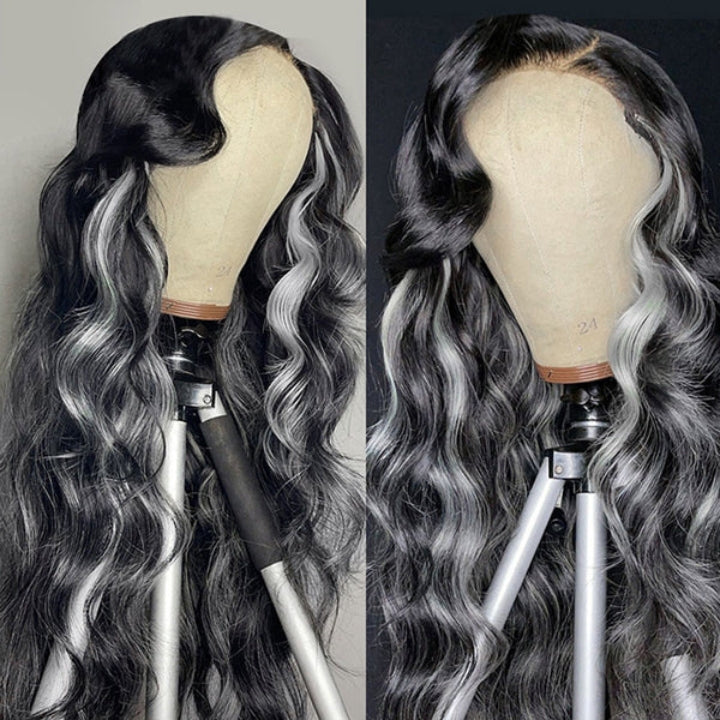 platinum blonde balayage on black hair 4x4/13x4 HD Lace Wig Highlight Body Wave Human Hair Wigs Daisy Hair