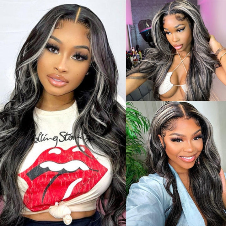 platinum blonde balayage on black hair 4x4/13x4 HD Lace Wig Highlight Body Wave Human Hair Wigs Daisy Hair