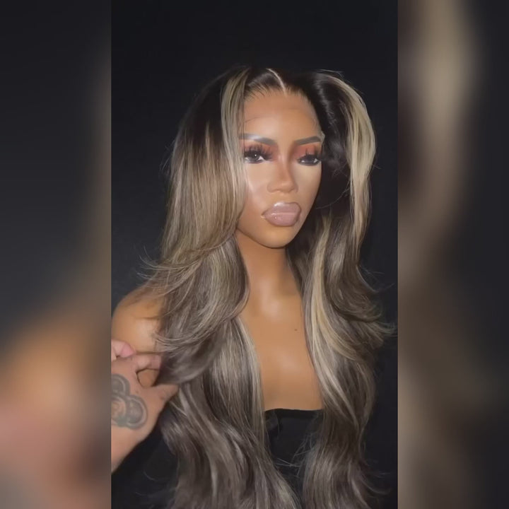 Brown Mixed Golden Color Long Wavy Human Hair Wigs Ombre Brown Balayage Highlight Lace Front Wigs Daisy Hair