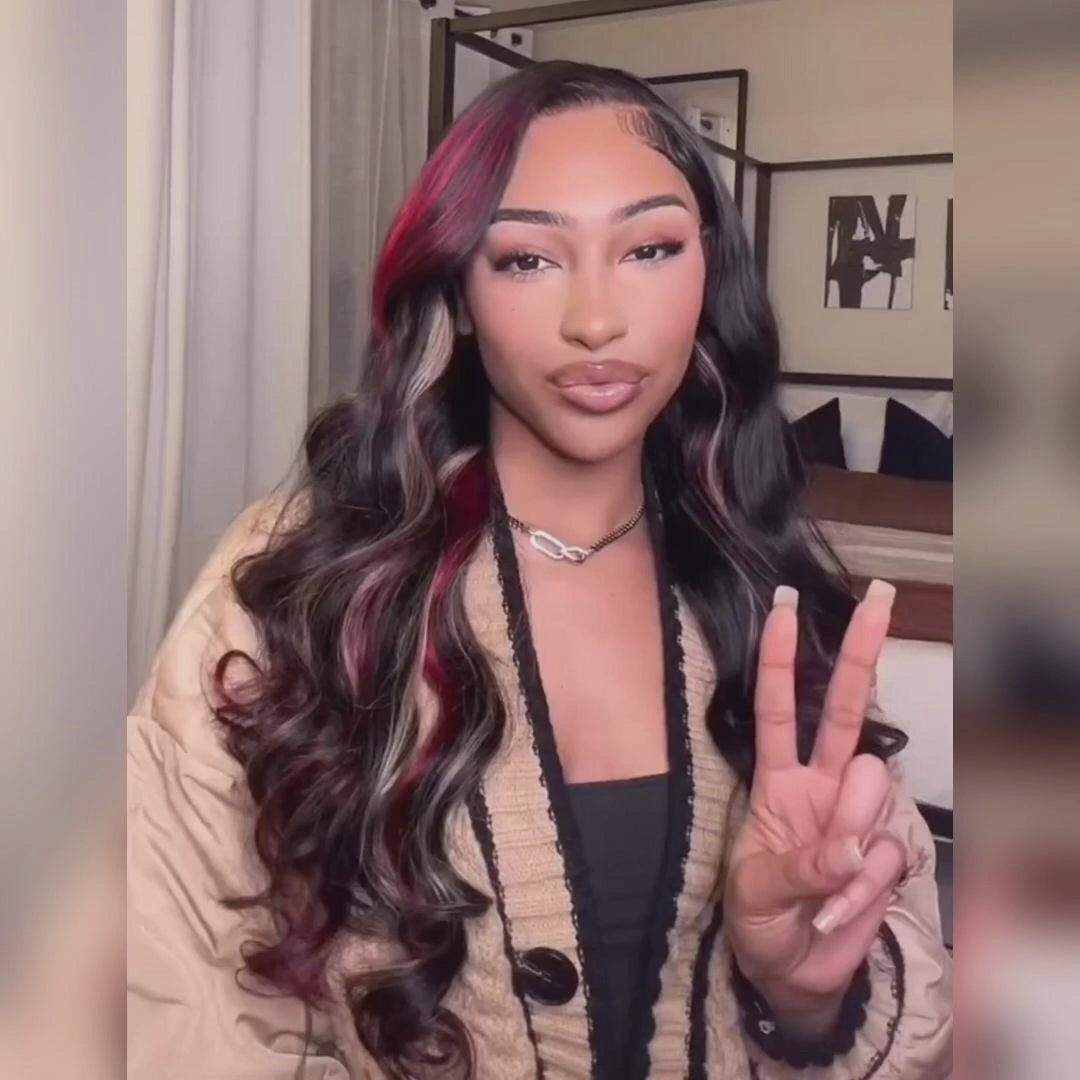 Highlight Black with Red & Blonde Straight/Body Wave 13x4 Lace Front Wig With Multi Color Highlights Loose Wave Human Hair Wigs- Daisy Hair
