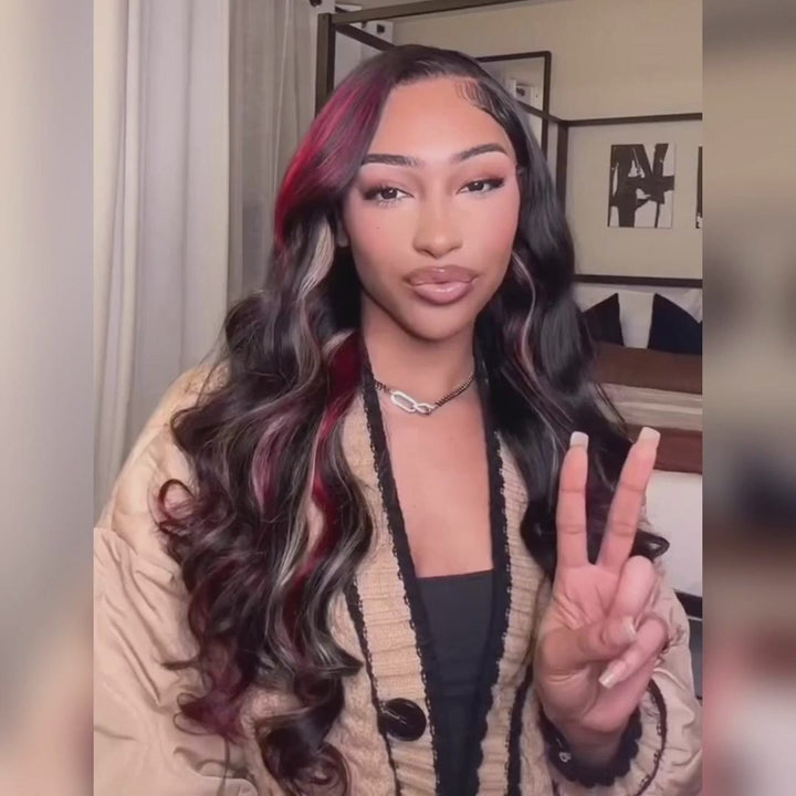 Highlight Black with Red & Blonde Straight/Body Wave 13x4 Lace Front Wig With Multi Color Highlights Loose Wave Human Hair Wigs- Daisy Hair