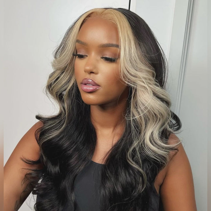13x4 Lace Frontal Skunk Stripe Wig #613/Black Color Highlight Straight Hair Lace Front Wigs-Daisy Hair