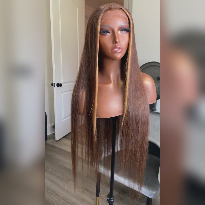 Straight Hair Skunk Stripe Wig 13x4 HD Lace Brown Hair With Honey Blonde Streaks Highlight Wigs Brazilian Human Hair Lace Front Wigs- Daisy Hair