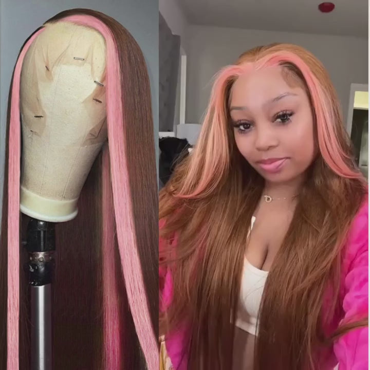 Skunk Stripe 13x4 Lace Front Wig #4 Chocolate Color With Pink Streaks Straight Hair HD Lace Wig 100% Human Hair With Free Part Lace Frontal- Daisy Hair