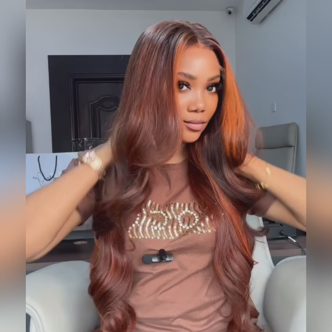 Dark Brown Highlight Body Wave HD Transparent Lace Front Wig Copper Color Face Frame Highlights Human Hair Wigs Daisy Hair