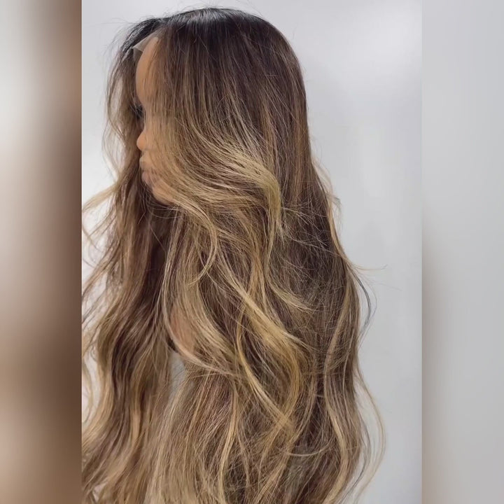 Highlight Blonde Color Long Wavy Human Hair Wigs Ombre Blonde Balayage Lace Front Wigs Daisy Hair