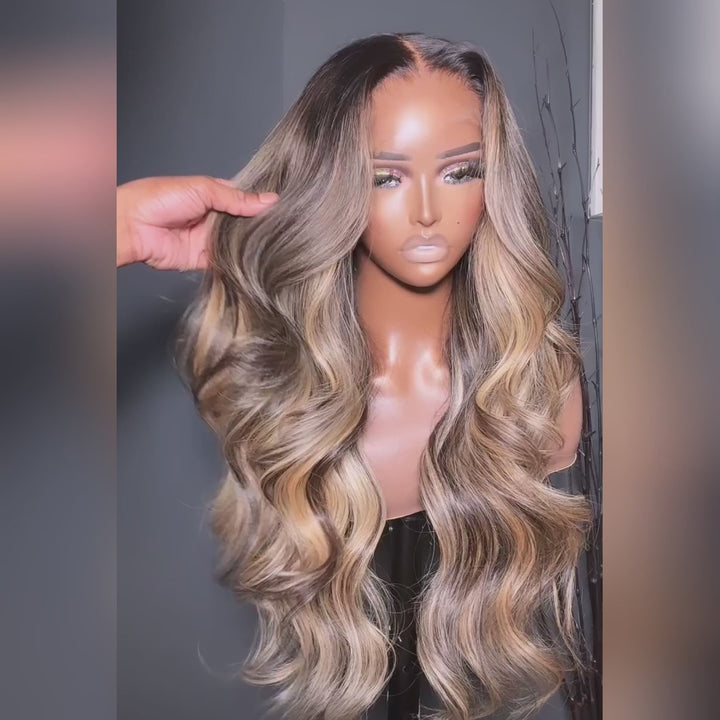 Highlight Blonde With Black Root Colored Wig 13X4 Lace Front Wig Human Hair Transparent Wig Pre Plucked Daisy Hair