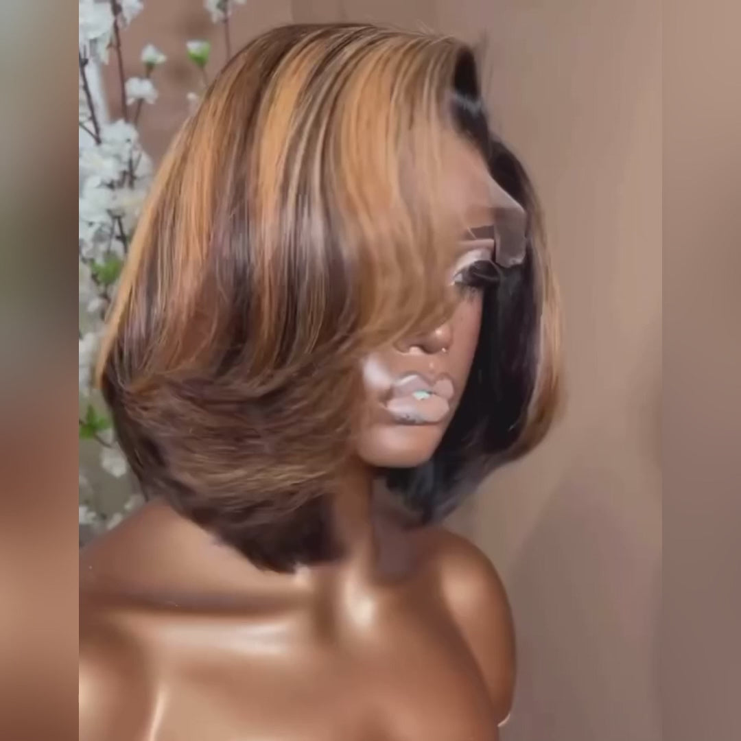 Flash Sale Brown Highlight Glueless Wigs Natural Wavy Side Part Pre Cut Lace Wigs Short Bob Wig 13x4 Lace Front Wig Daisy Hair