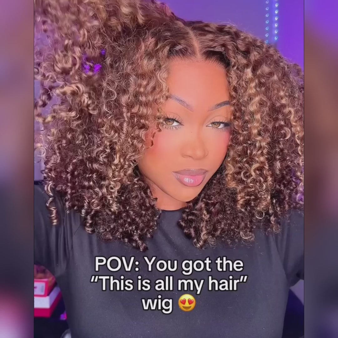 Wear And Go Glueless Wigs Highlight Brown Kinky Curly Bob Wigs Short Curly Human Hair 13x4 Lace Front Wig Pre Plucked 250% Density No Code Needed Daisy Hair