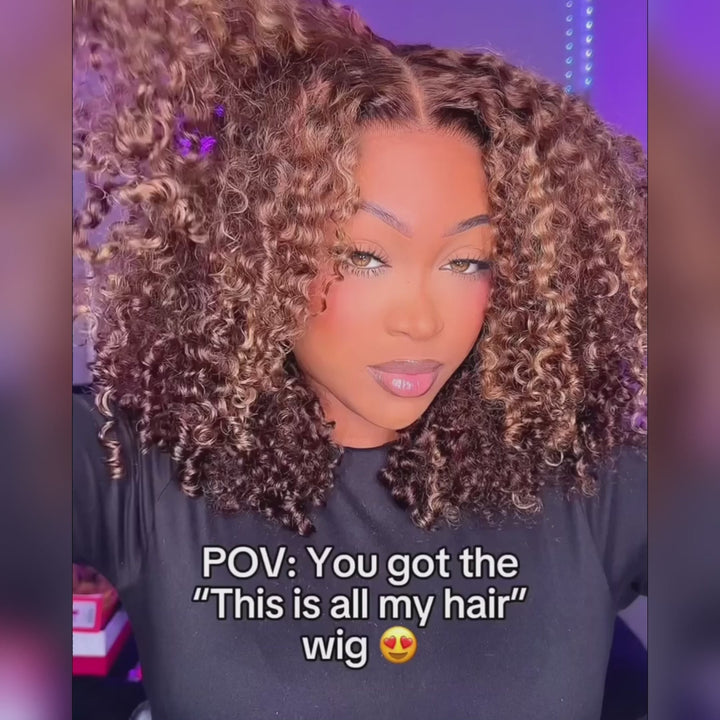 Wear And Go Glueless Wigs Highlight Brown Kinky Curly Bob Wigs Short Curly Human Hair 13x4 Lace Front Wig Pre Plucked 250% Density No Code Needed Daisy Hair