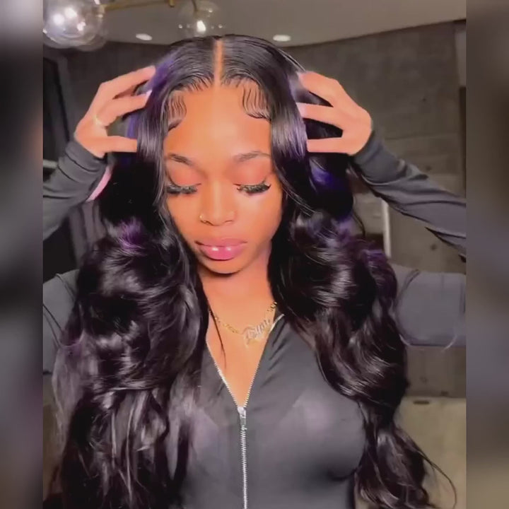 Highlight Black with Purple Body Wave Transparent Lace Front Wig Highlights Colored Glueless Human Hair Wigs For Women-Daisy Hair