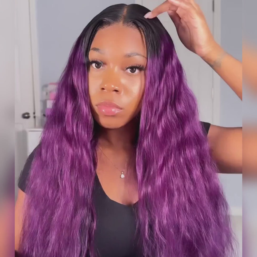 Smokey Purple 13x4 Lace Front Body Wave Wig With Black Roots Ombre Funky Colored HD Lace Human Hair Wigs-Daisy Hair