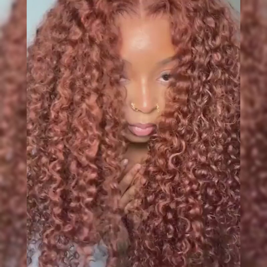 Curtain Bangs Glueless Wig Reddish Brown Human Hair Wig Copper Red Afro Kinky Curly Wig Daisy Hair