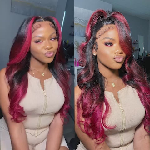 Geeta Hair Body Wave 13x4 HD Lace Highlight Wig Ombre Dark Burgundy Human Hair Frontal Wigs With Rose Red Highlights Pre Plucked Hairline Daisy Hair