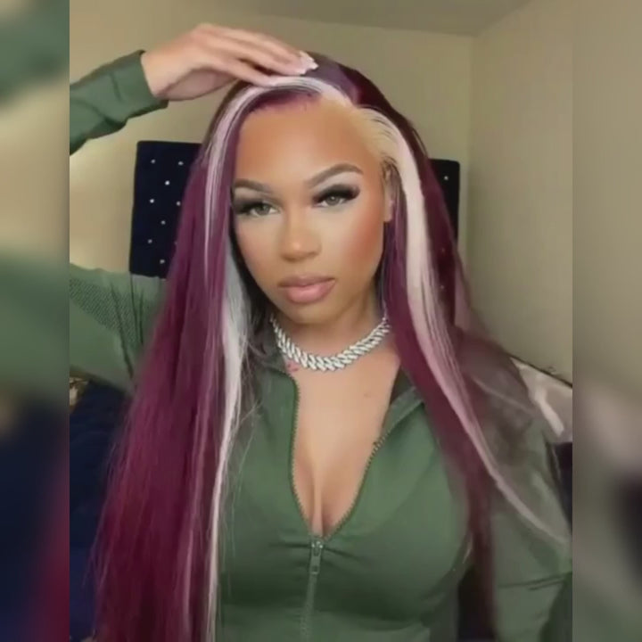13x4 Lace Frontal Skunk Stripe Wig #613/99J Burgundy Color Highlight Body Wave/Straight Hair Lace Front Wigs- Daisy Hair