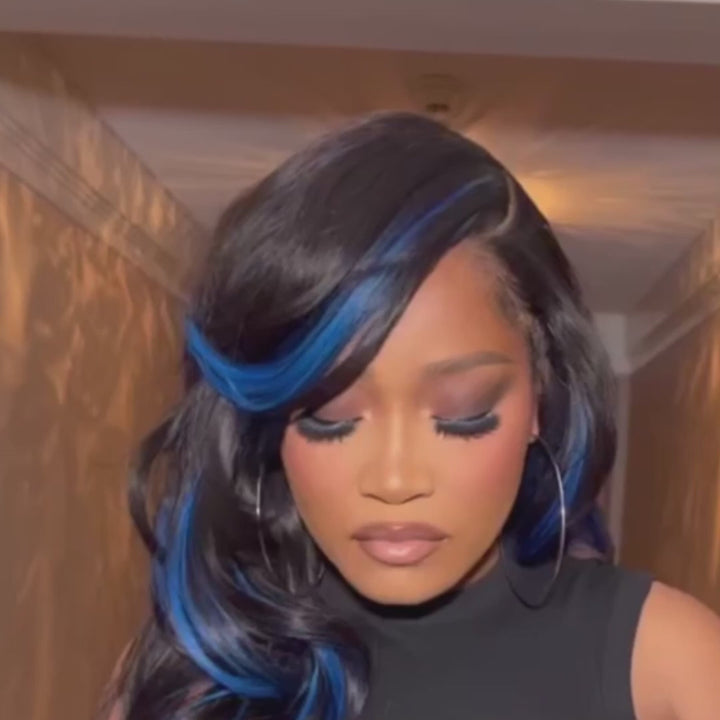 Funky Colored Wigs | Highlight Blue Body Wave Transparent Lace Front Color Wigs Glueless Human Hair Wigs For Women- Daisy Hair