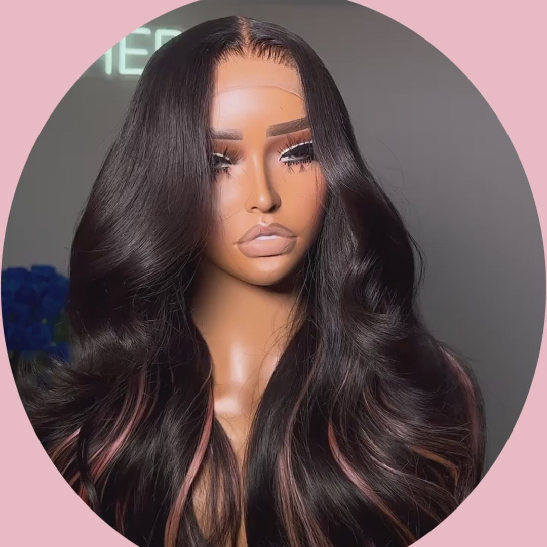 Glueless Peekaboo Highlights Pink New Trendy Body Wave 13x4 Lace Front Wig Pink Colored Highlight Human Hair Wigs Daisy Hair