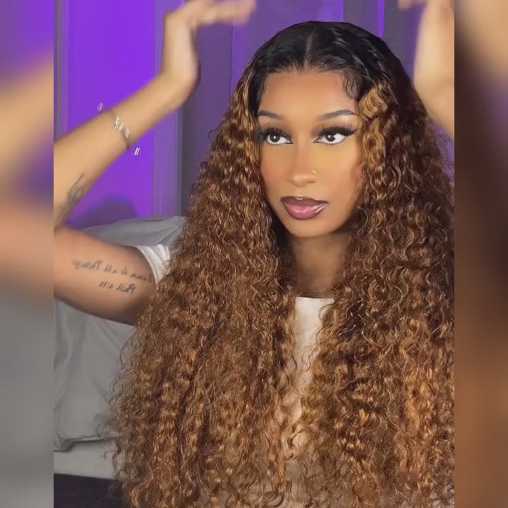 Caramel Brown Water Wave/Wand Curly Lace Front Wig With Dark Root Ombre Color HD Lace Human Hair Wigs for Women-Daisy Hair