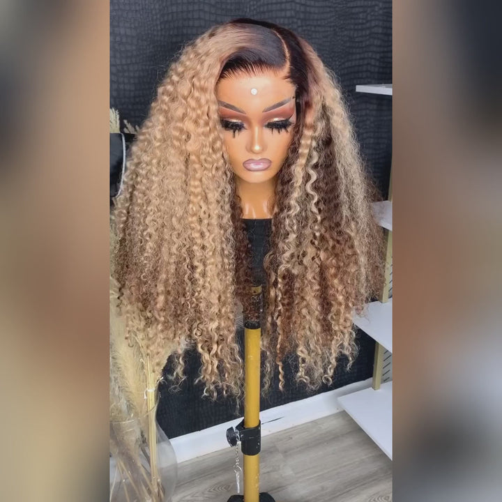 Highlight Curly Lace Front Human Hair Wigs 13x4 Honey Blonde Deep Wave Colored Glueless Wigs Daisy Hair