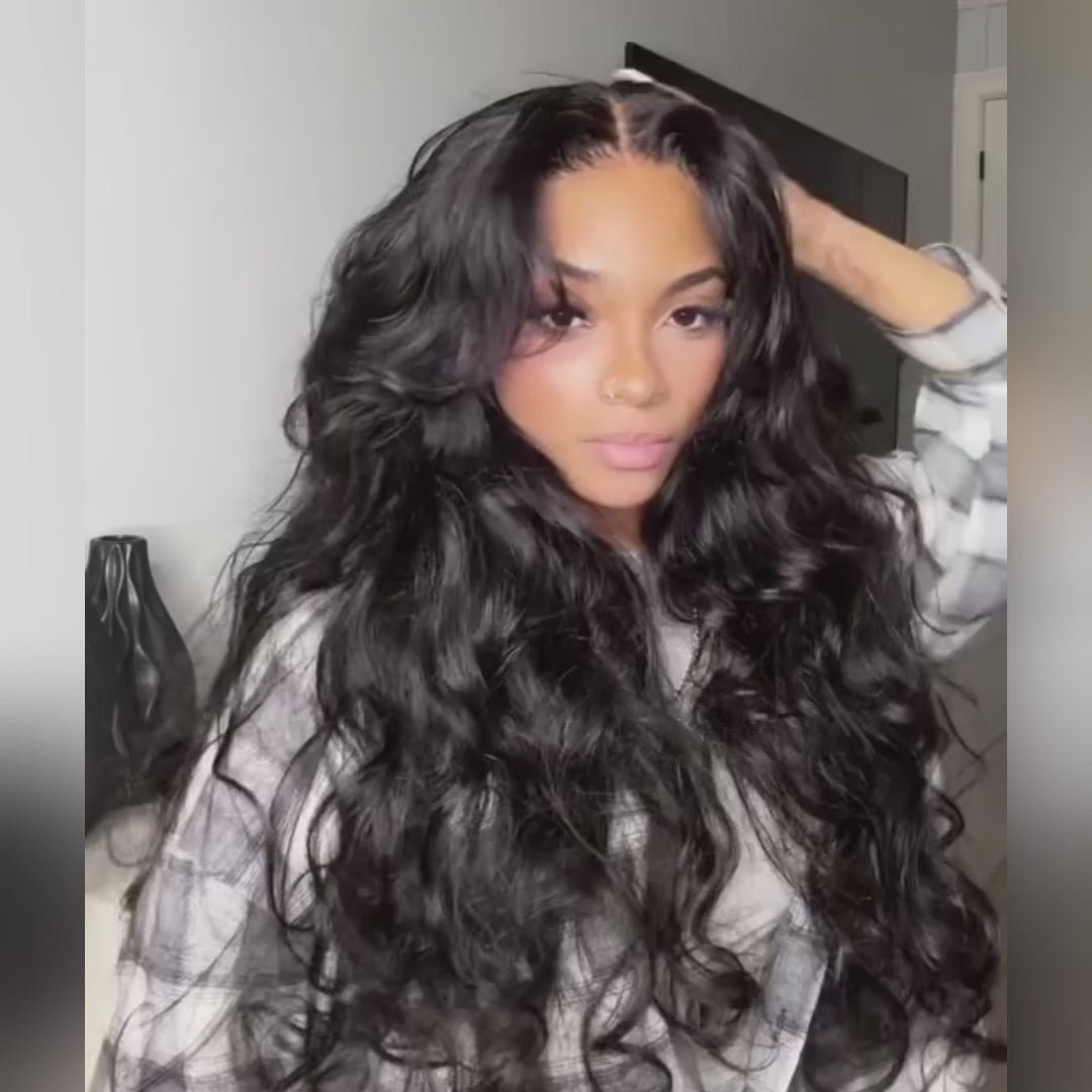 Loose Body Wave Human Hair Wigs 13x4 Ocean Wave Lace Front Wigs with Curtain Bangs Pre Plucked 180% Density-Daisy Hair