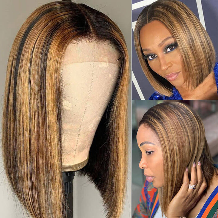 Straight Hair Honey Blonde Highlight Bob Human Hair Wigs HD Lace 13x4/4x4 Frontal/Closure Ombre Glueless Wigs-Daisy Hair