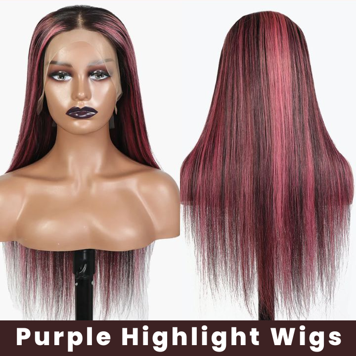 Highlight Purple Straight HD Transparent Lace Front Wig Highlights Pre Plucked Hairline Human Hair Wigs Daisy Hair